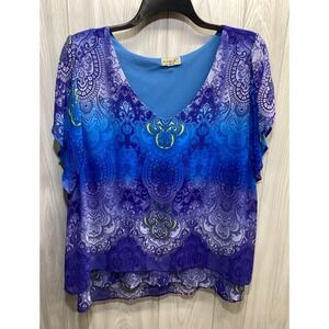 ONE WORLD Women's (Size 2X) Short Sleeve V-Neck Lined Shirt Polyester